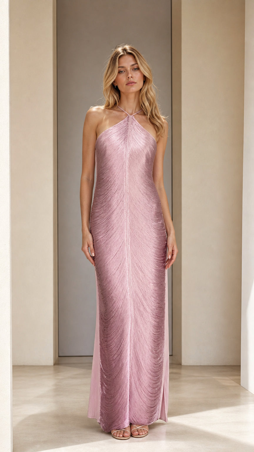 Model wearing mauve halter neck pleated maxi dress from front