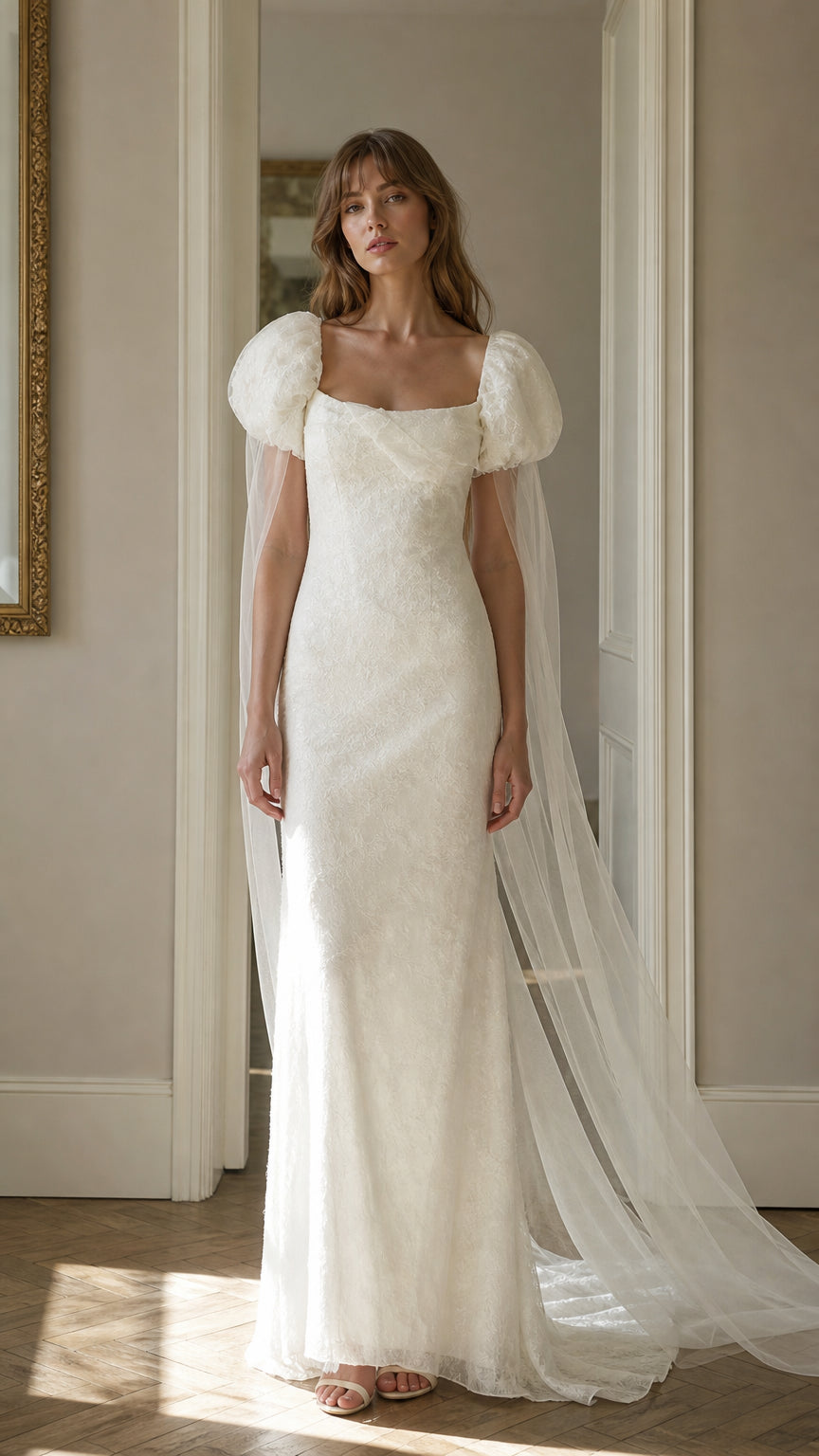 Front view of white lace maxi dress with cape