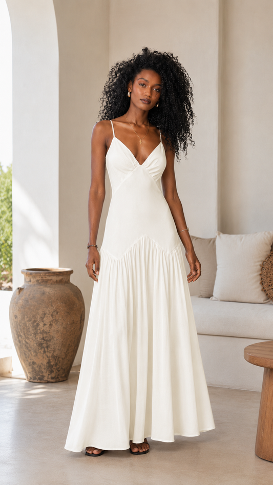 White spaghetti strap maxi dress with V neckline and drop waist hem front view