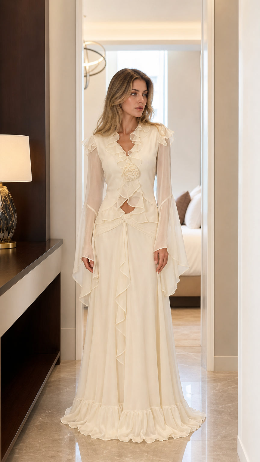 Front view of champagne ruffled chiffon maxi dress