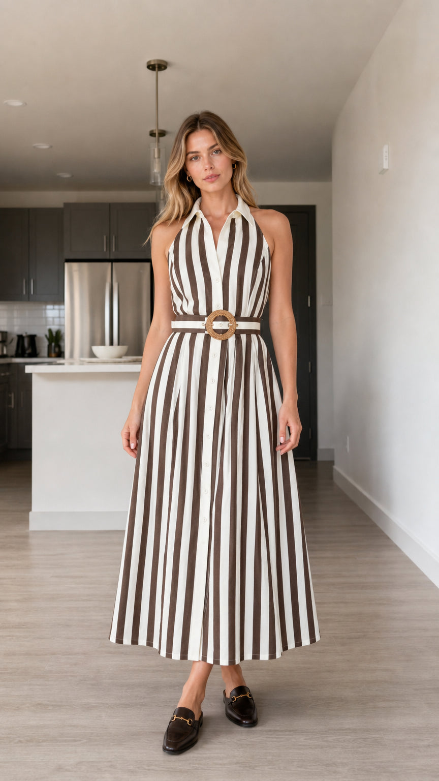 Full front view of brown and white striped halter midi dress with belt