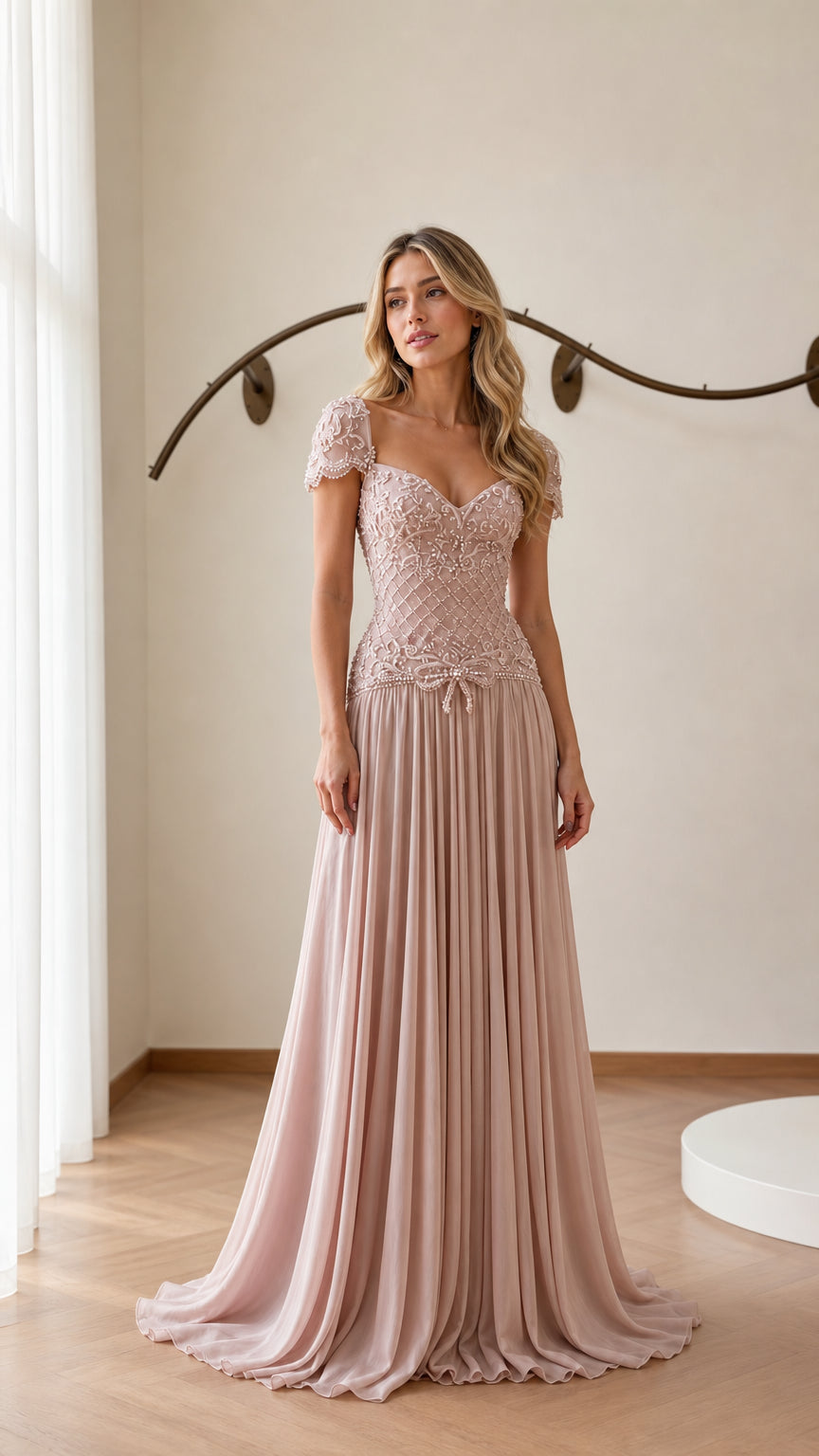 Front view of model wearing blush pink beaded chiffon evening gown