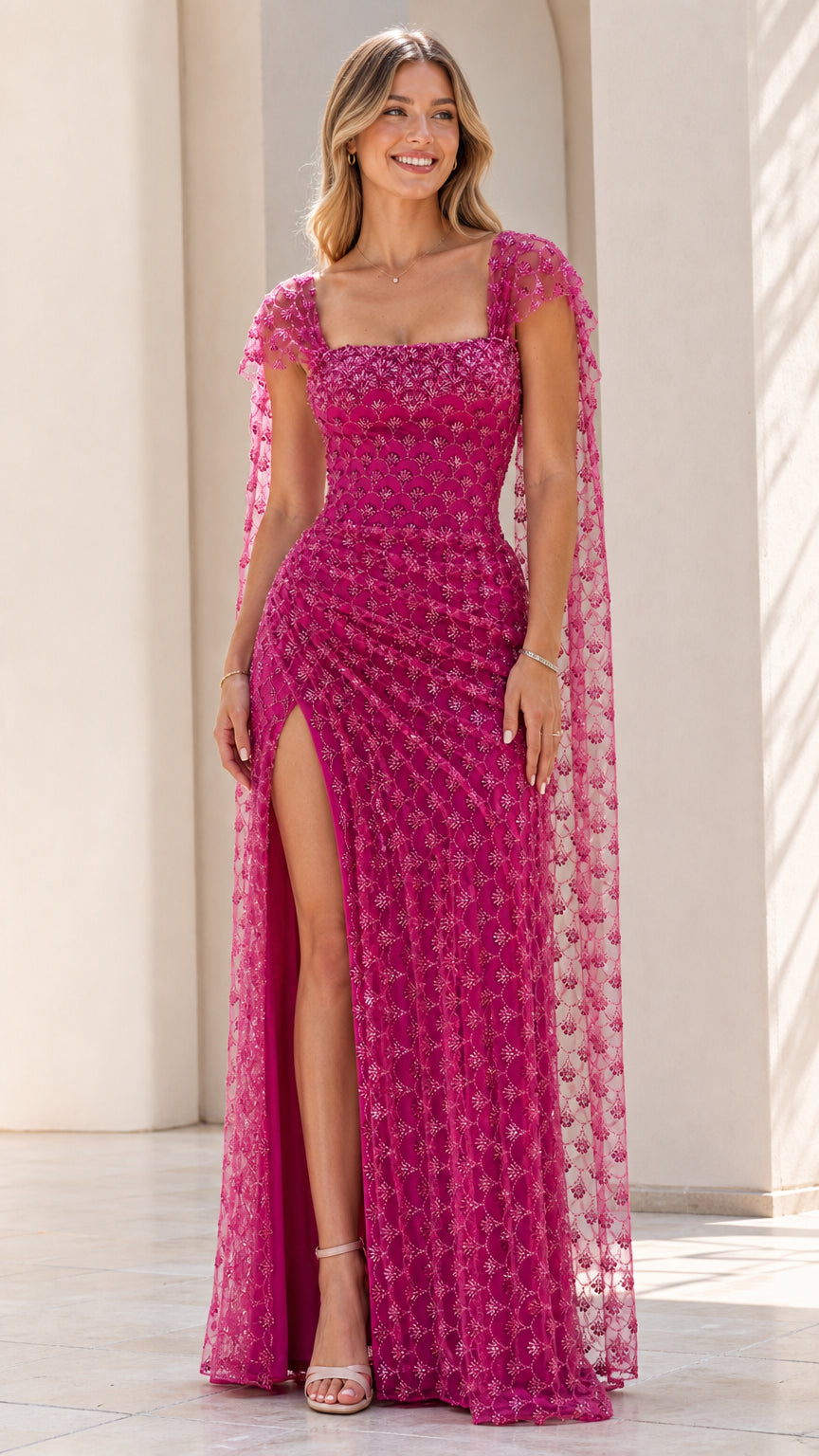 Front view of fuchsia sequin formal dress with cape