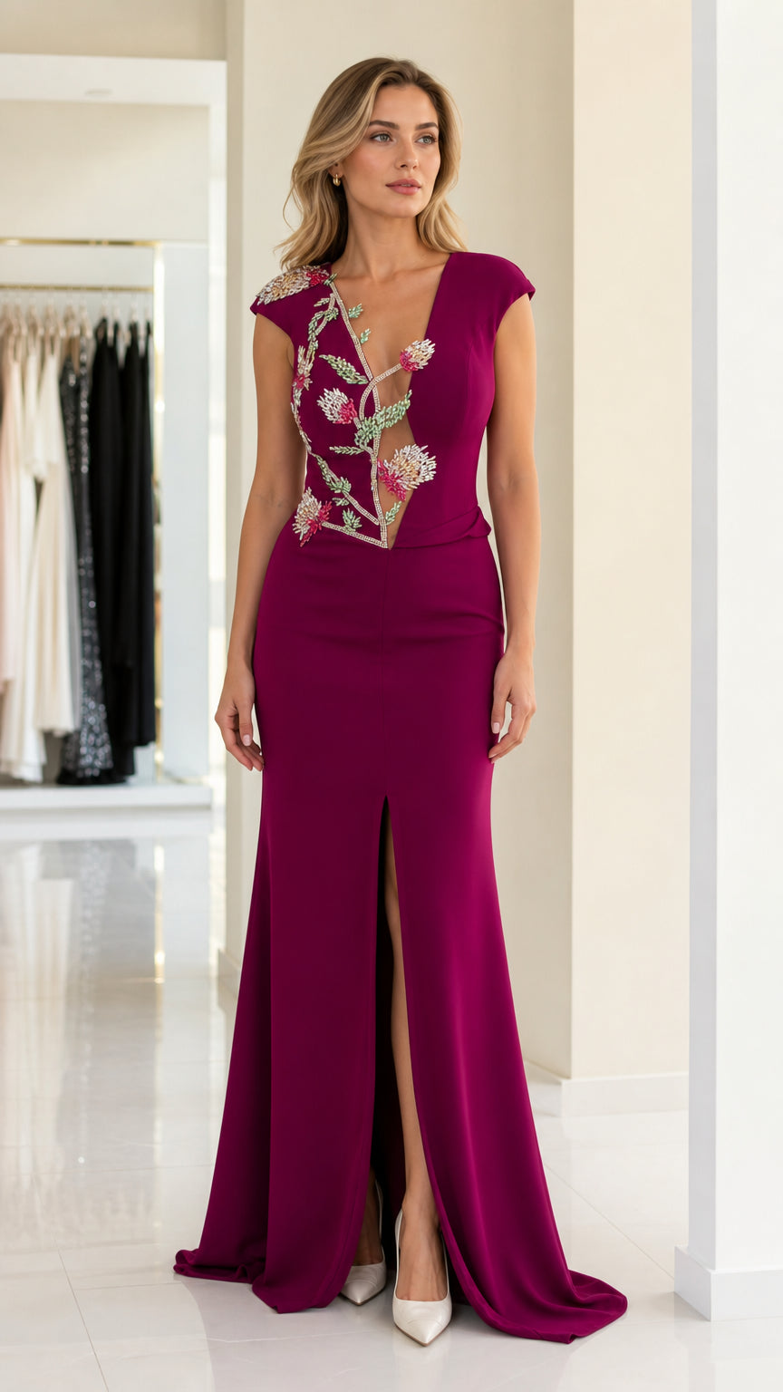 Front view of burgundy evening dress with beaded floral applique and front slit