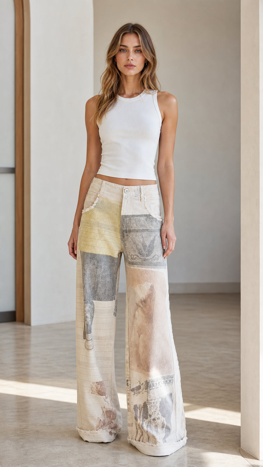 Front view of model wearing white patchwork wide leg jeans