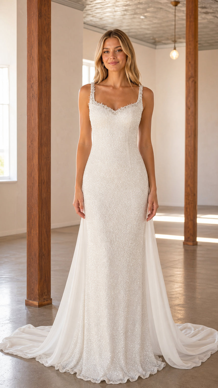 Front view of white beaded column wedding dress with chiffon train