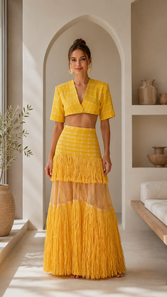Front view of sunflower yellow crop top and fringe maxi skirt two-piece set