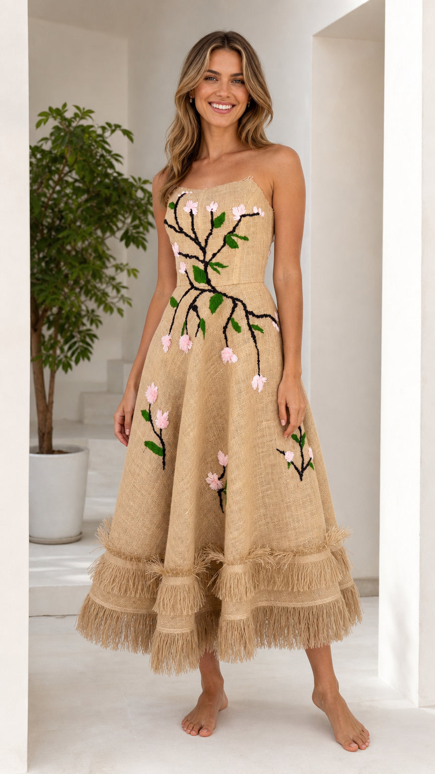Front view of khaki floral embroidered strapless midi dress