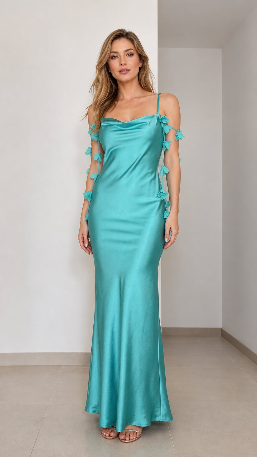 Front view of teal satin maxi dress with floral strap details