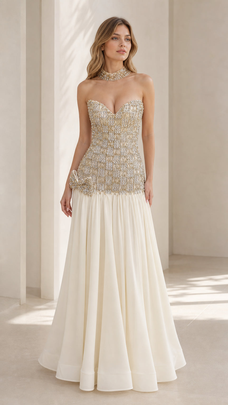 Front view of champagne beaded bustier evening dress with matching choker