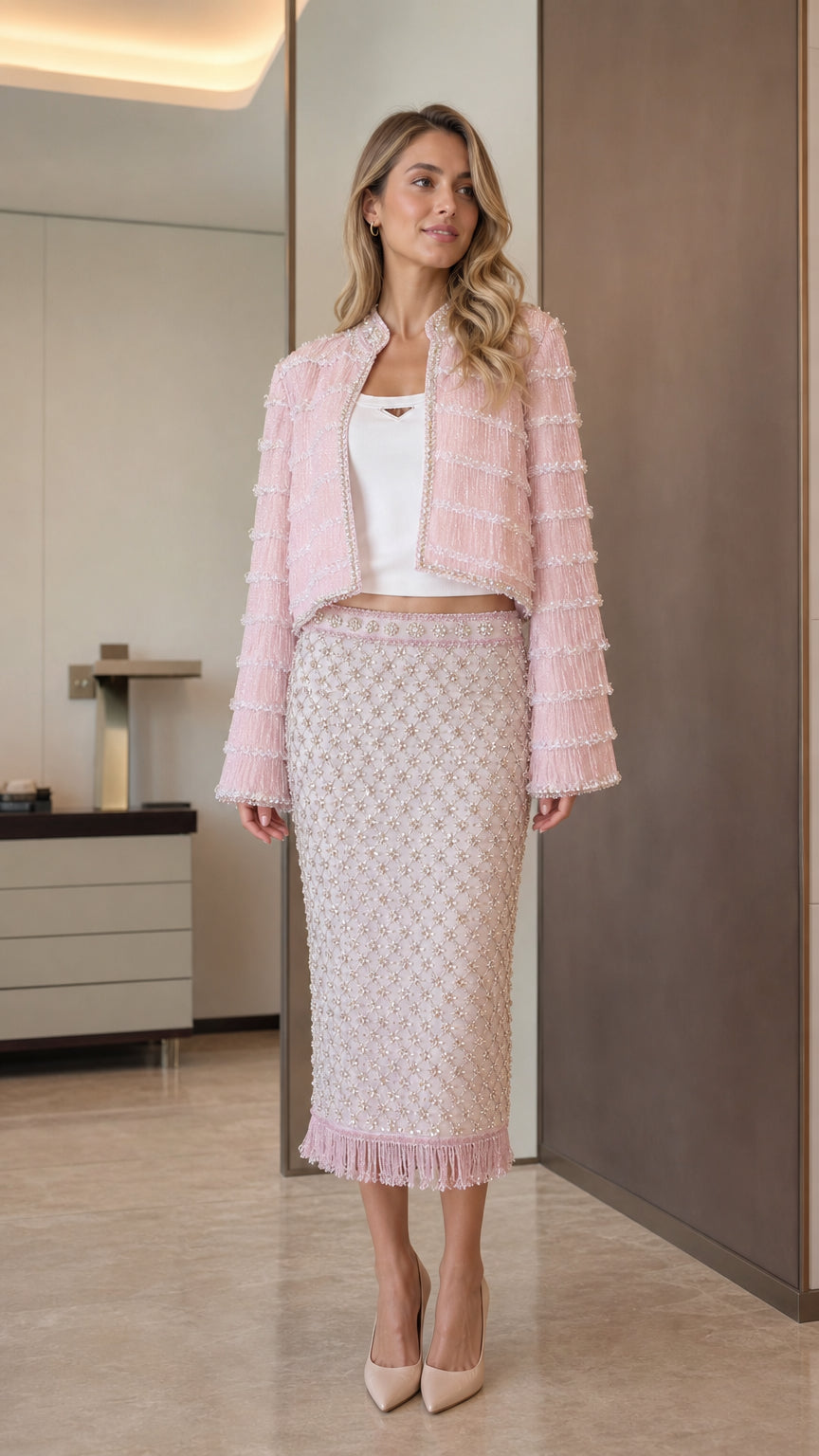 Model wearing pink tweed crop jacket and midi skirt set front view