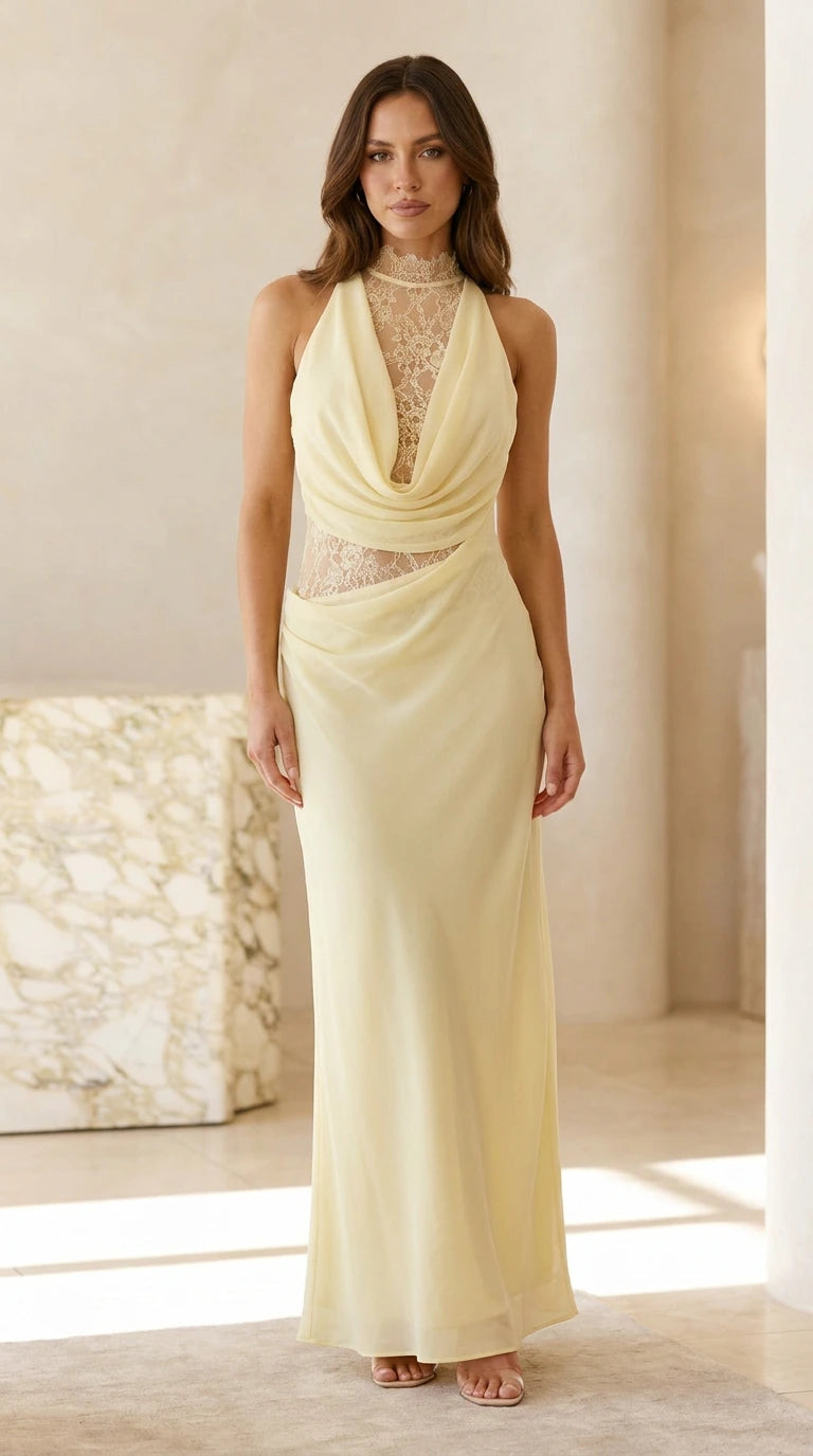 Front view of yellow halter cowl neck maxi dress