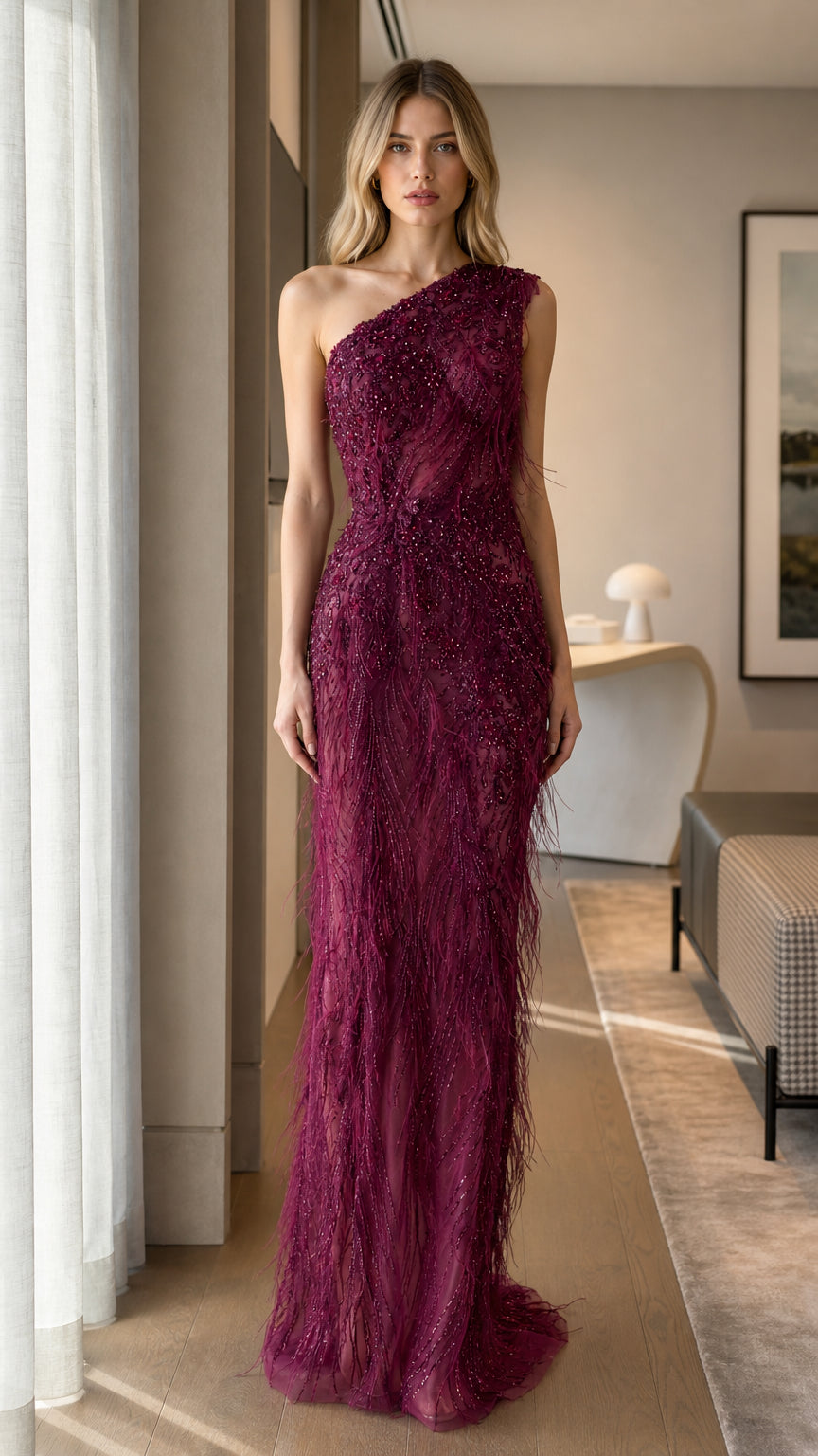 Burgundy One-Shoulder Beaded Formal Evening Dress Front View