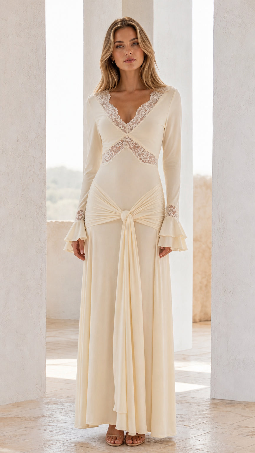 Front view of ivory lace-trimmed long sleeve maxi dress