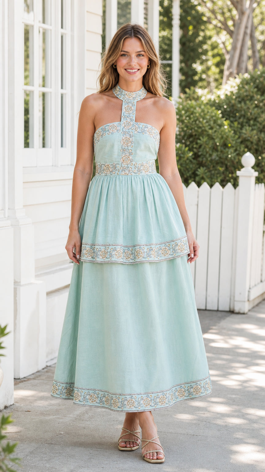 Front view of model wearing mint embroidered halter midi dress