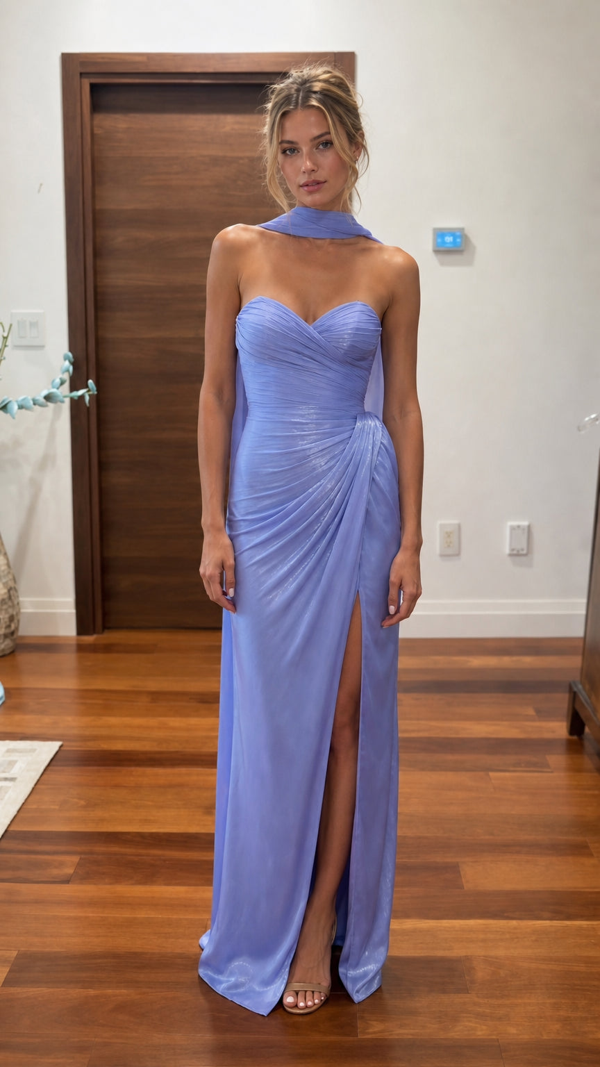 Lavender ruched halter maxi dress with front slit shown from the front