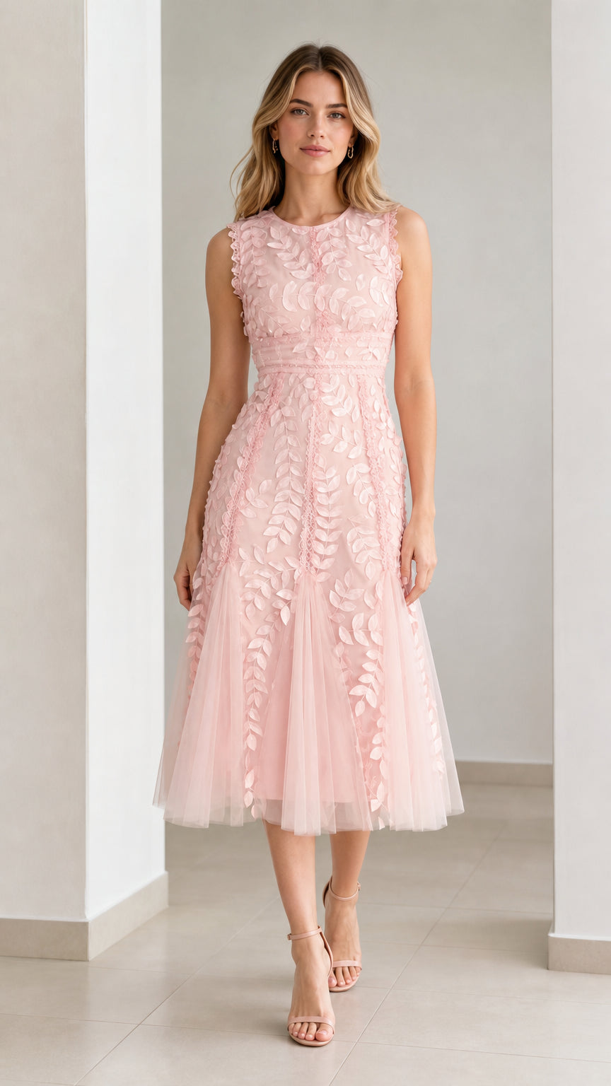 Front view of model wearing pink embroidered leaf applique midi dress