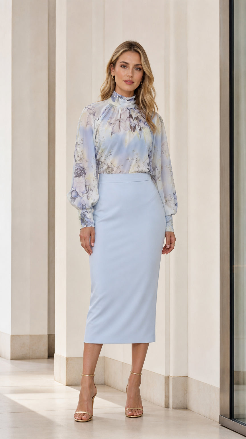 Front view of light blue floral blouse and skirt set