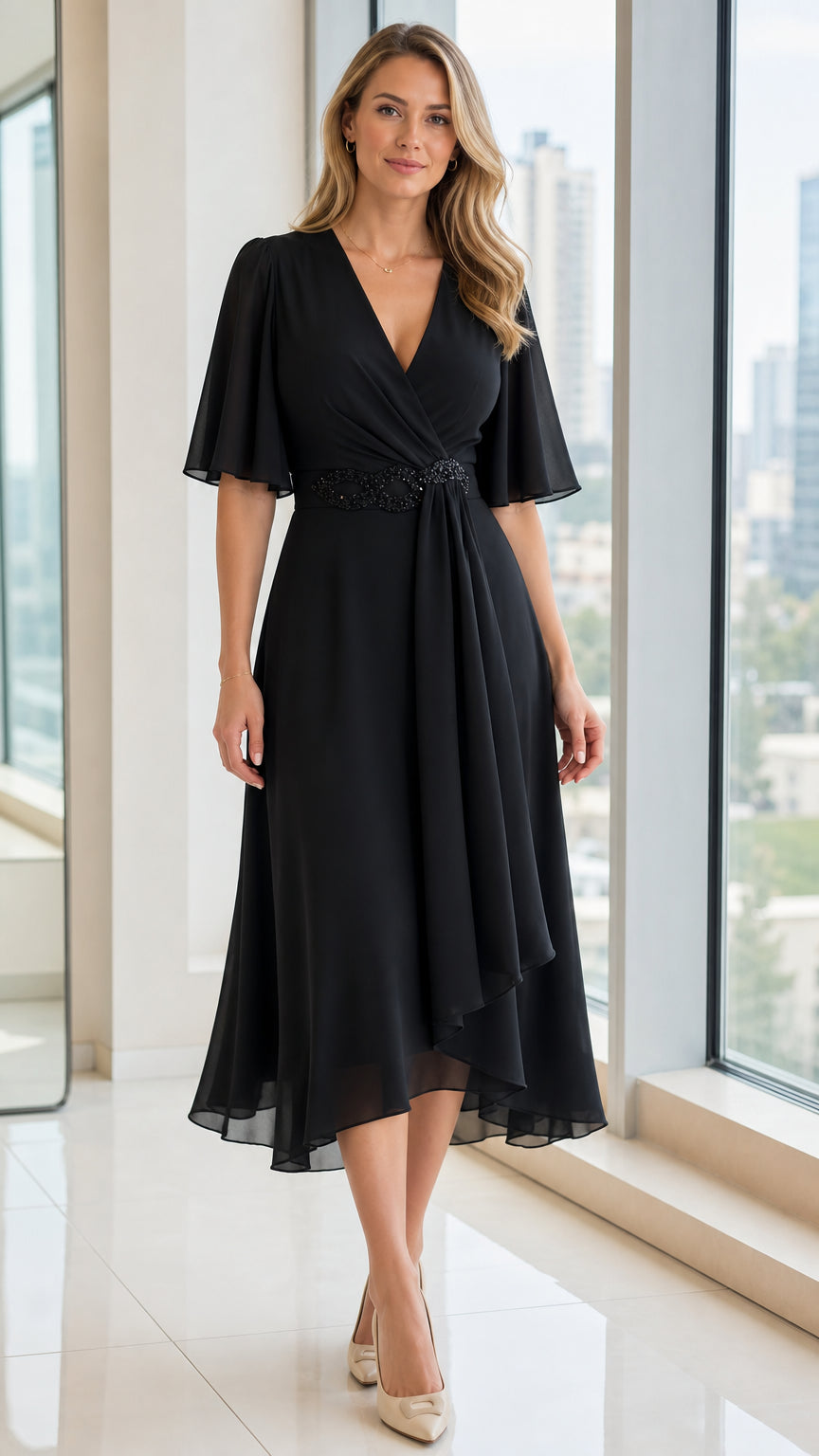 Front view of black V-neck chiffon midi dress on model