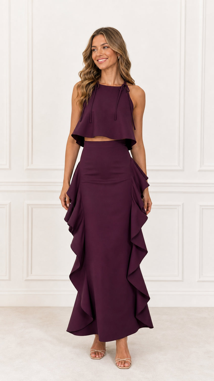 Model wearing Burgundy Two-Piece Ruffle Maxi Dress Set from the front