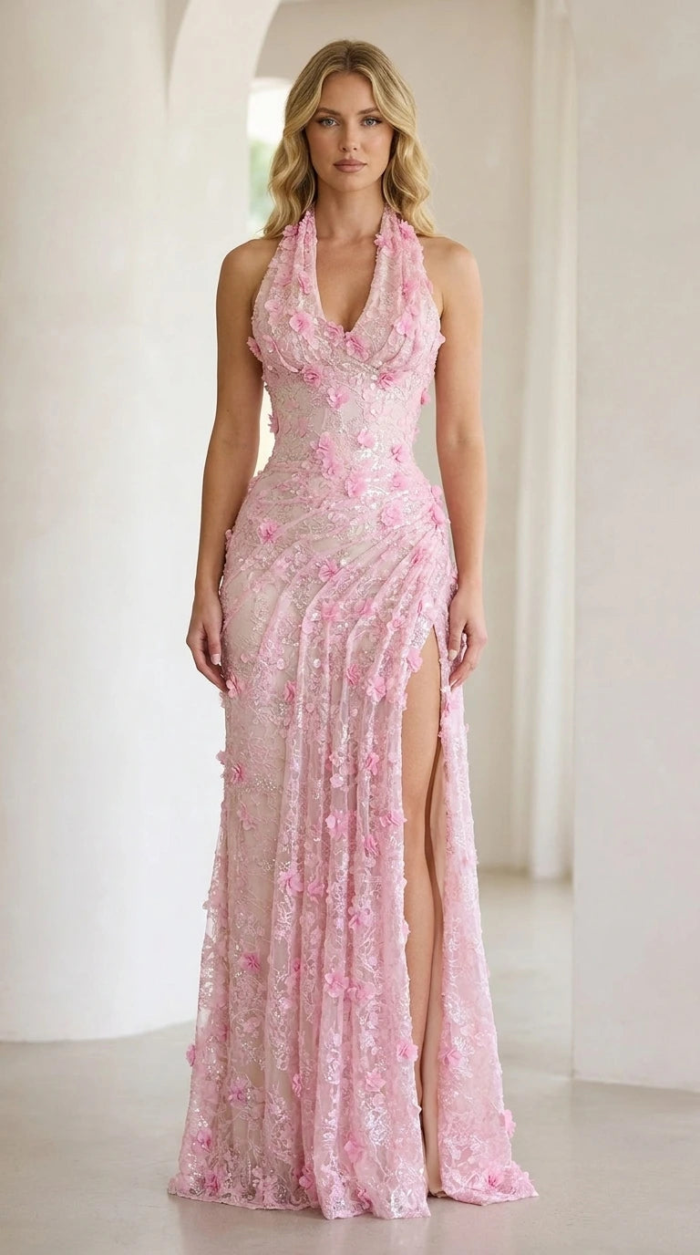 Front view of pink halter floral applique evening gown with slit