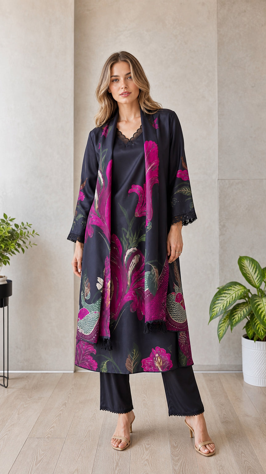 Model wearing black floral 3-piece cardigan set, front view