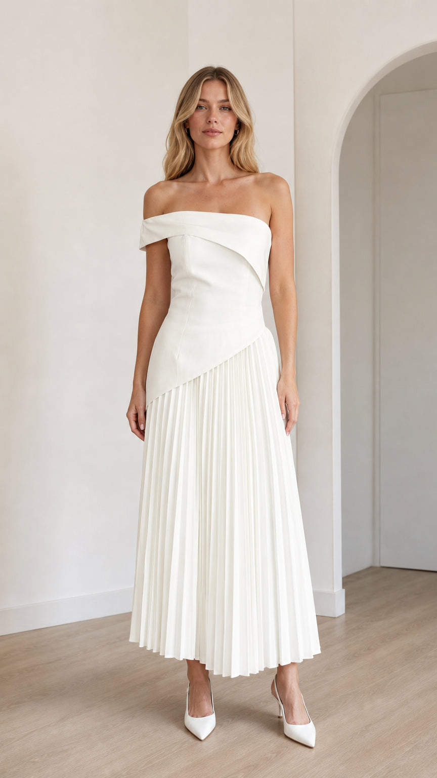 Model wearing white off-shoulder asymmetric pleated midi dress from front
