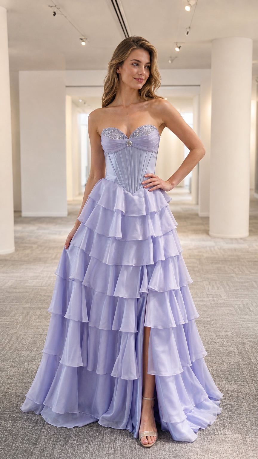 Model wearing lavender strapless tiered ruffle evening gown front view with slit