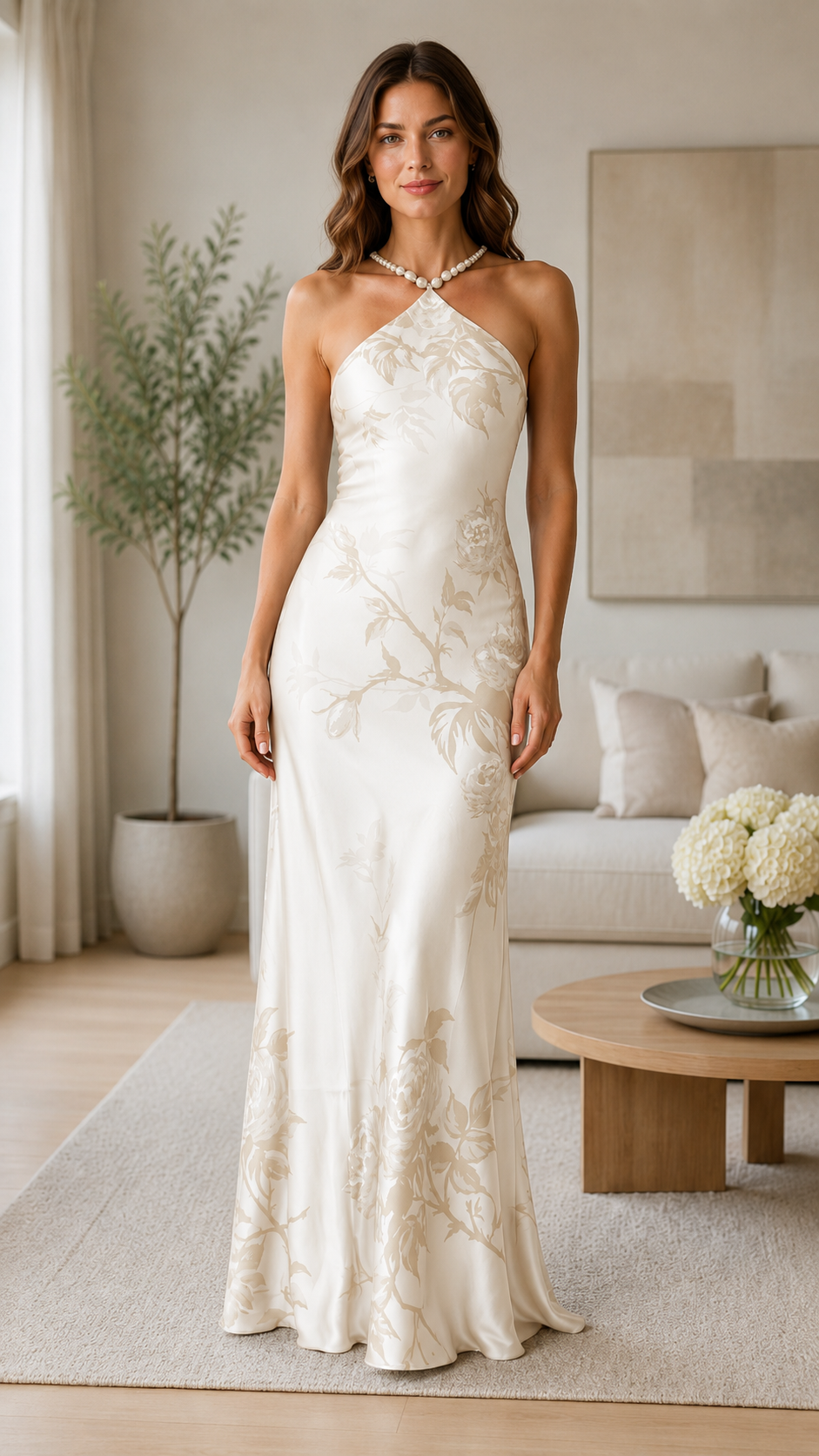Ivory floral satin-look halter maxi dress with beaded neckline front view