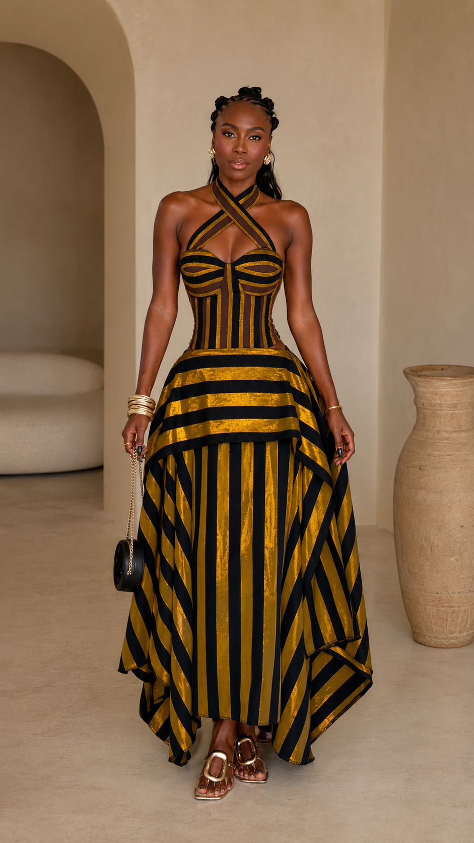 Front view of mustard and black striped cross halter corset maxi dress