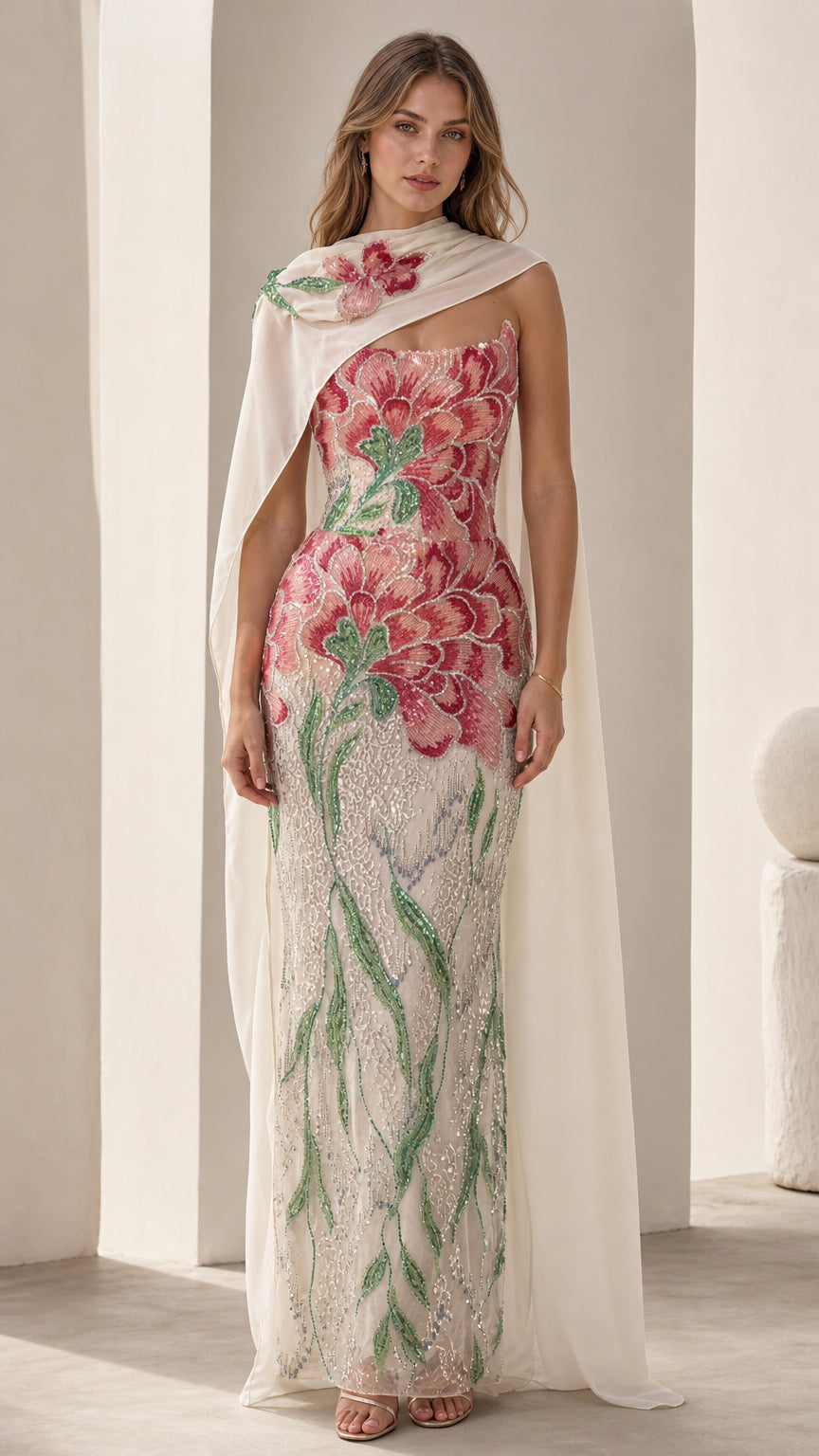 Front view of white embroidered floral strapless evening gown with cape