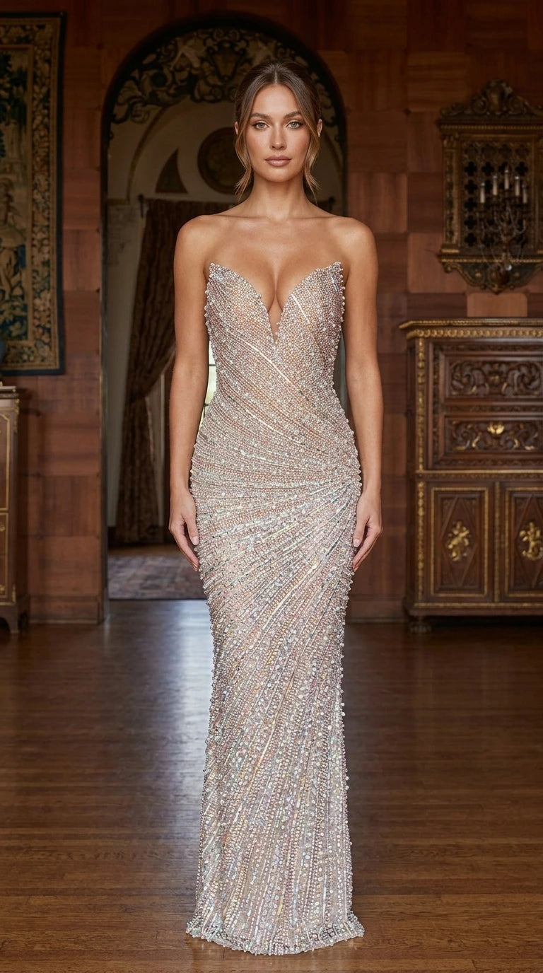 Front view of model wearing champagne sequin strapless evening gown