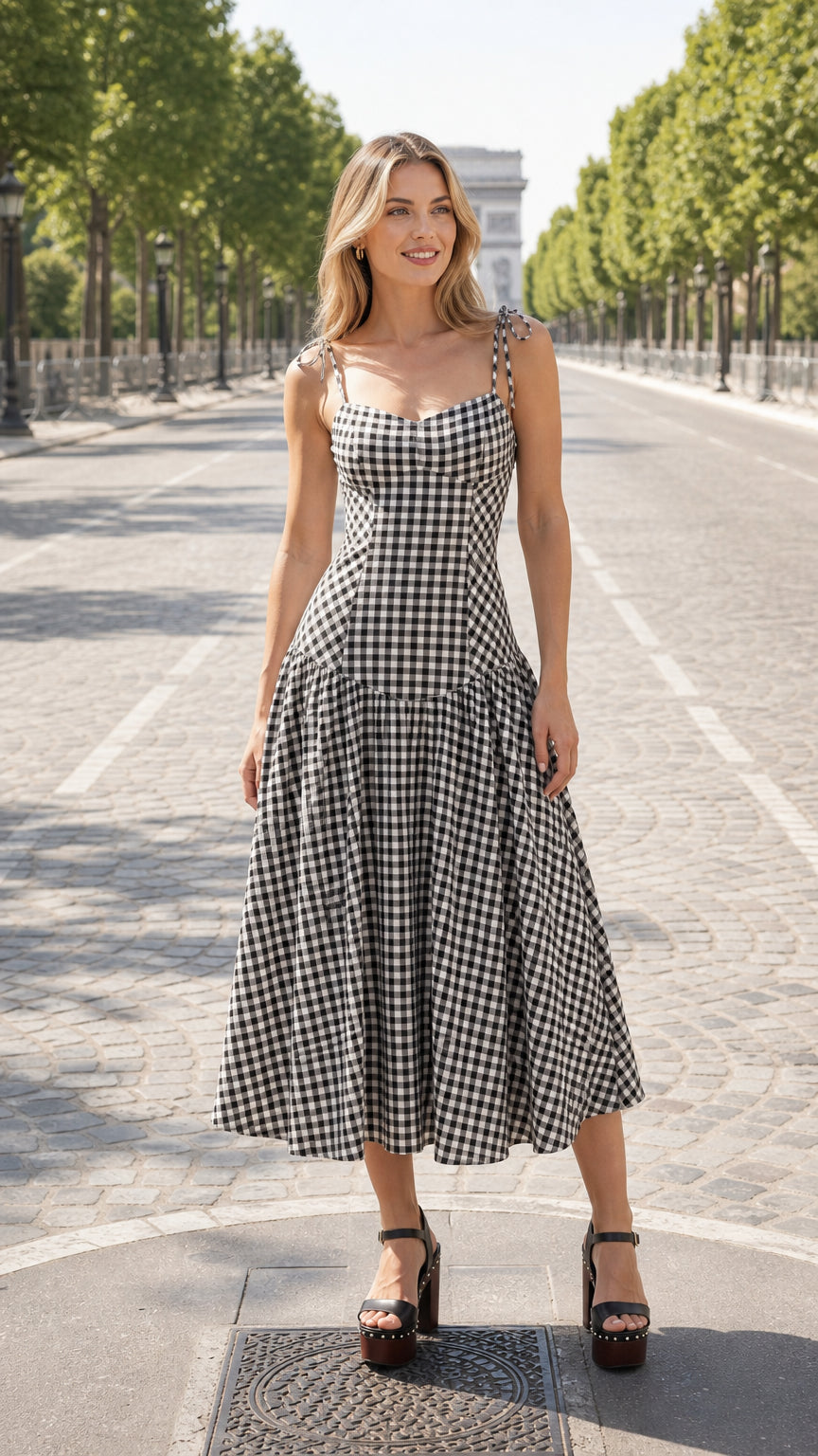 Front view of black and white gingham midi dress on model outdoors
