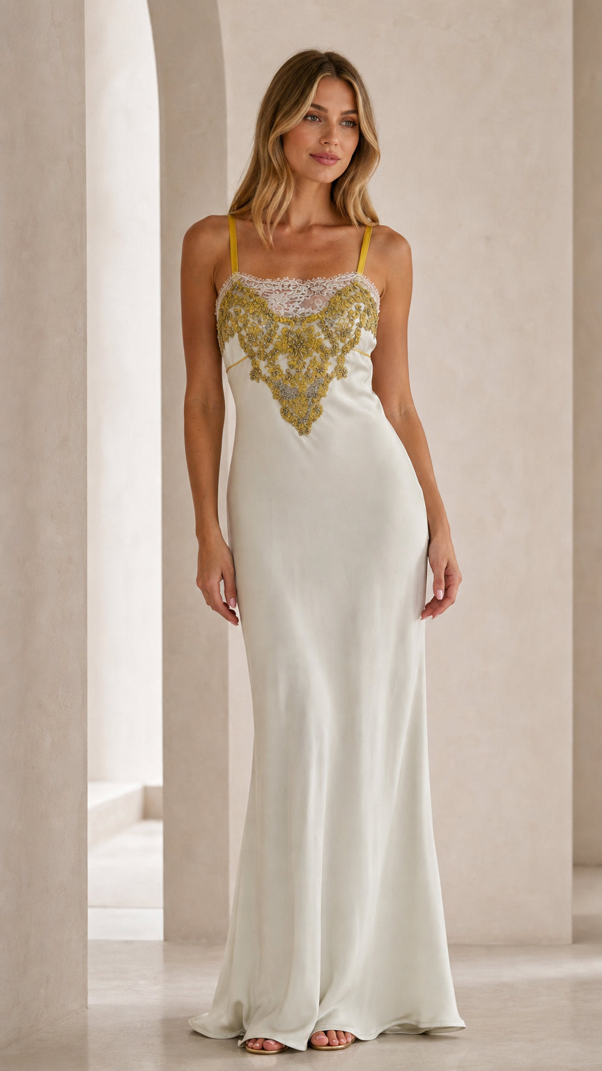 Front view of ivory satin slip maxi dress with embroidered bodice