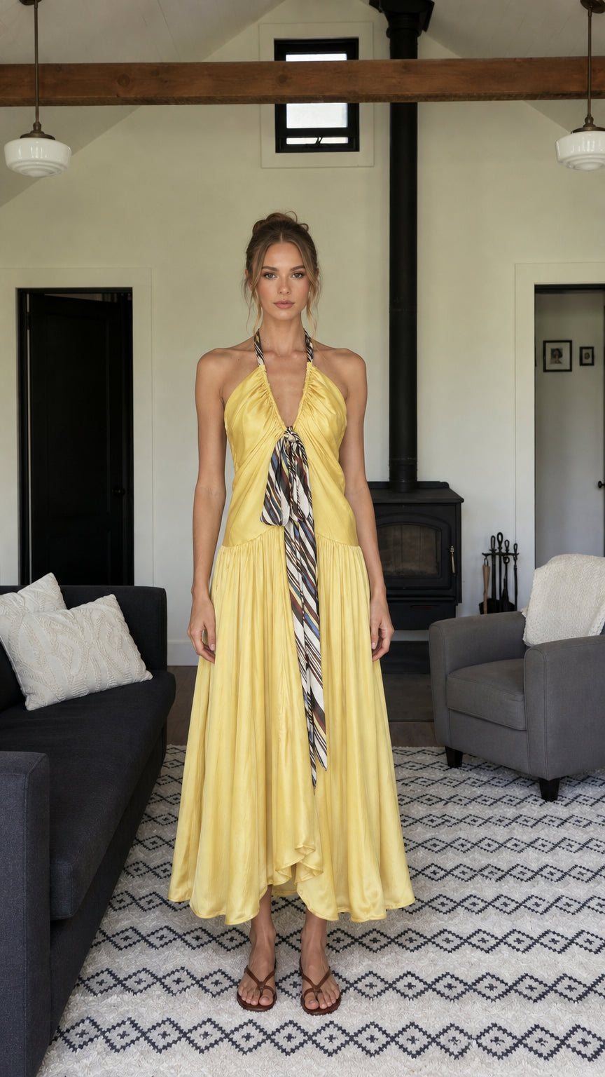 Front view of woman wearing yellow halter neck long dress with scarf detail