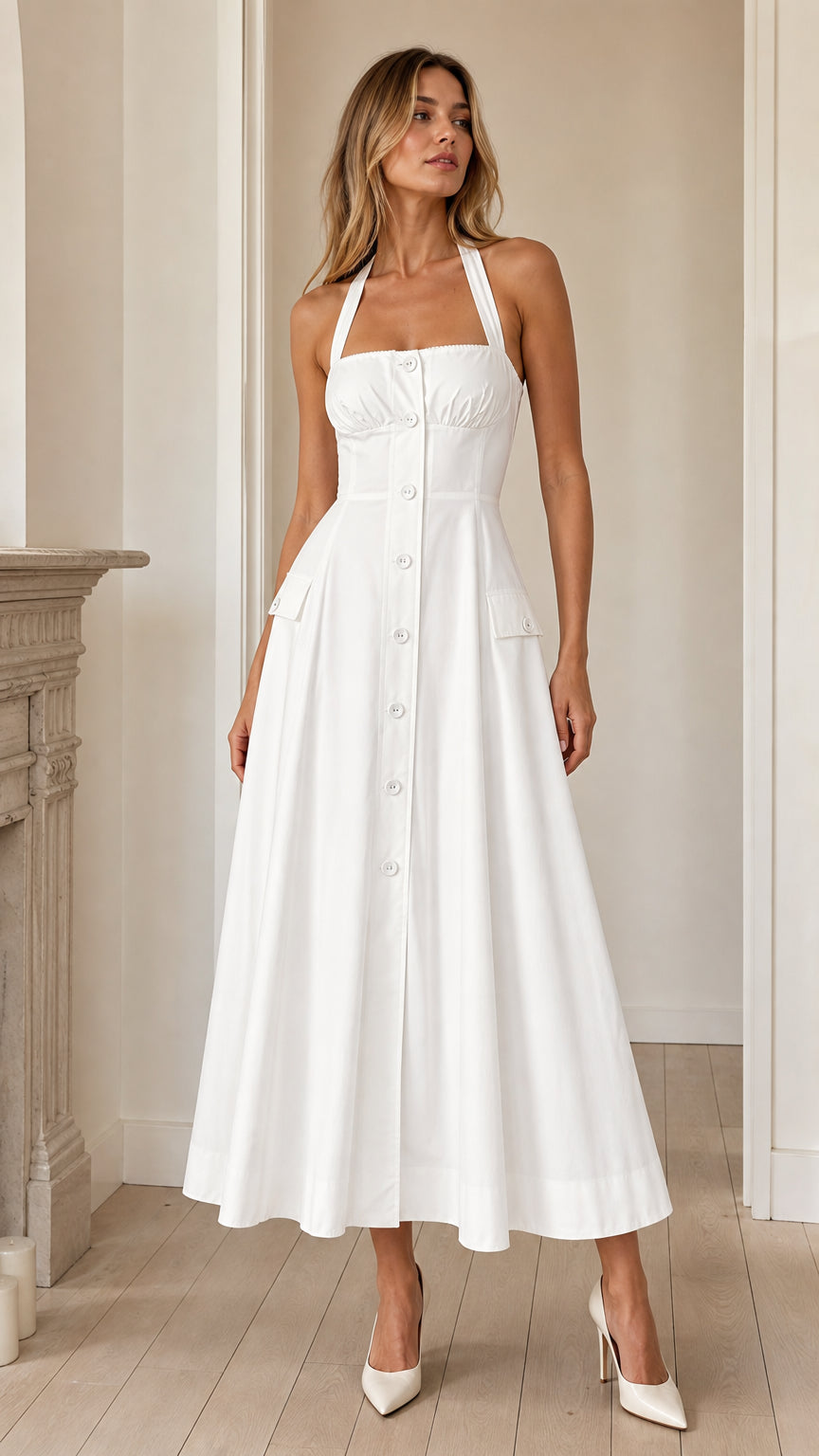 Front view of woman wearing white halter neck midi dress