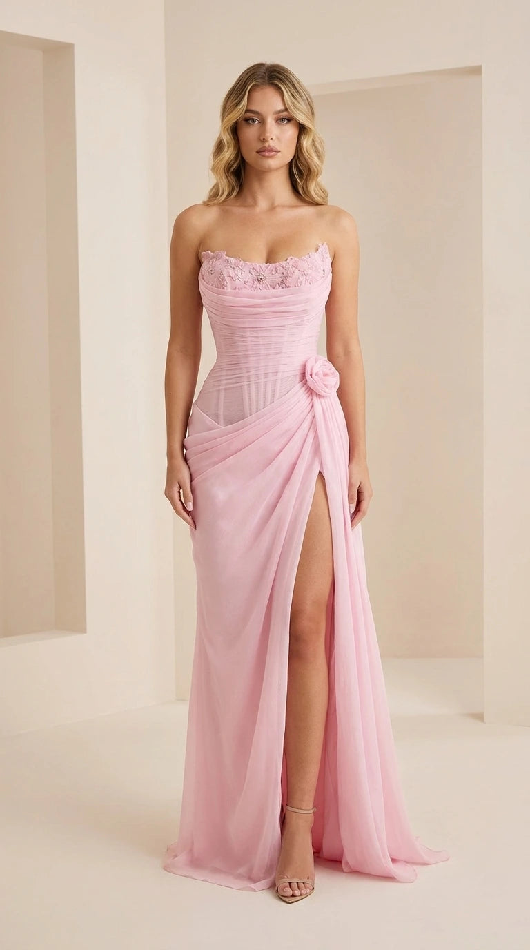 Front view of model wearing the pink strapless corset evening gown