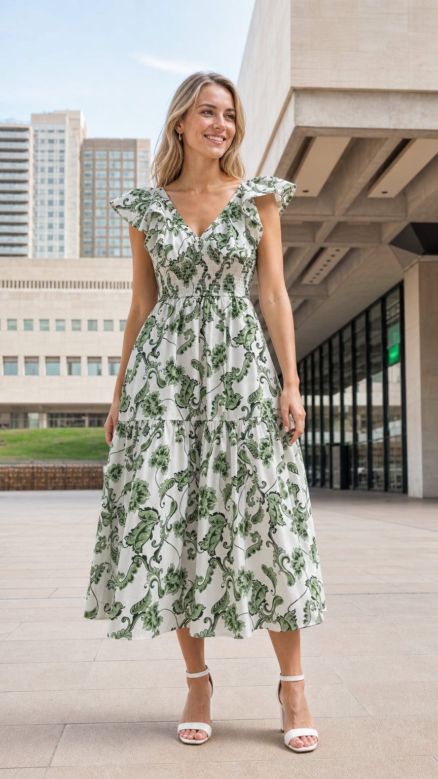 Front view of woman wearing white floral ruffle smocked midi dress