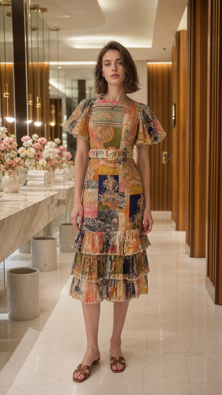 Front full view of woman wearing multi yellow patchwork midi dress