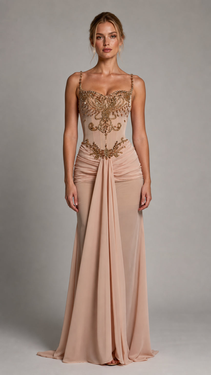 Front view of nude embellished corset evening gown