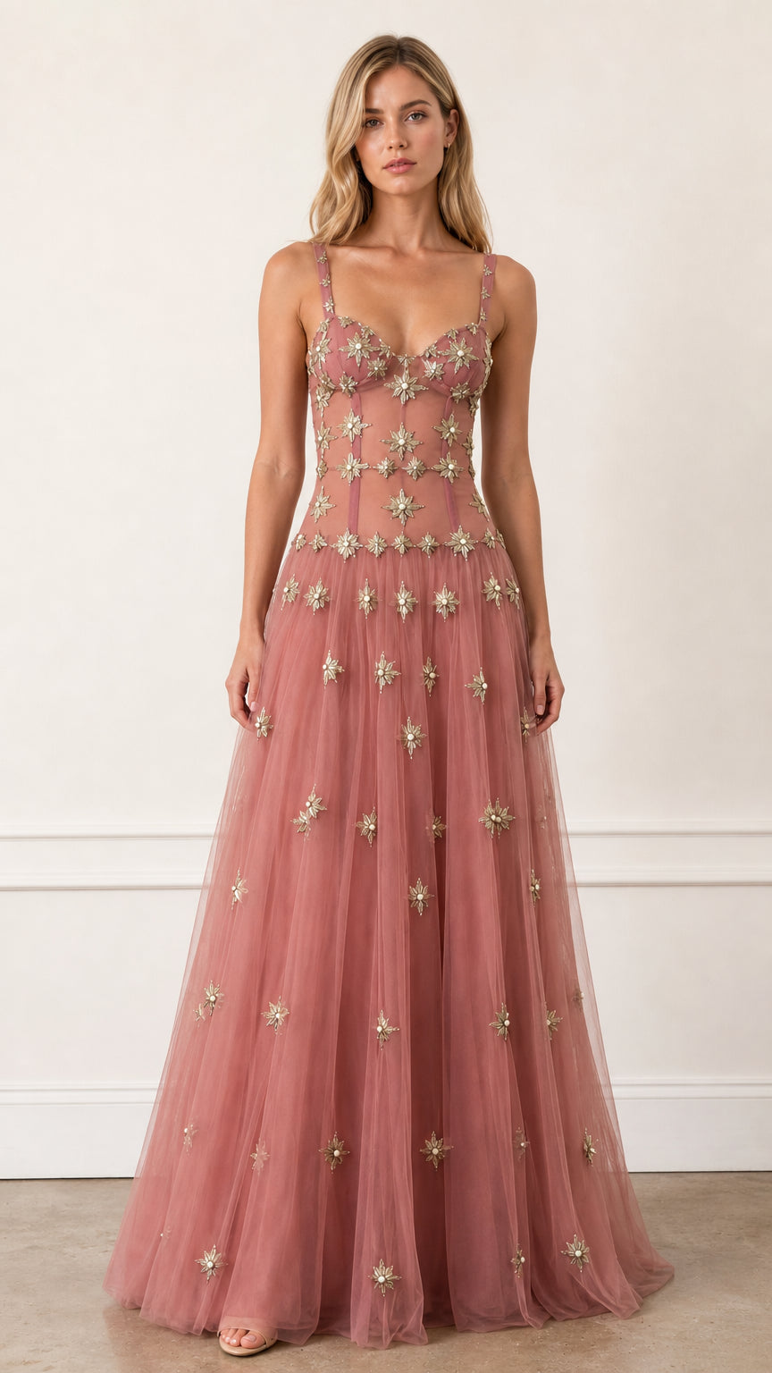 Front view of Dusty Rose embroidered starburst tulle evening gown