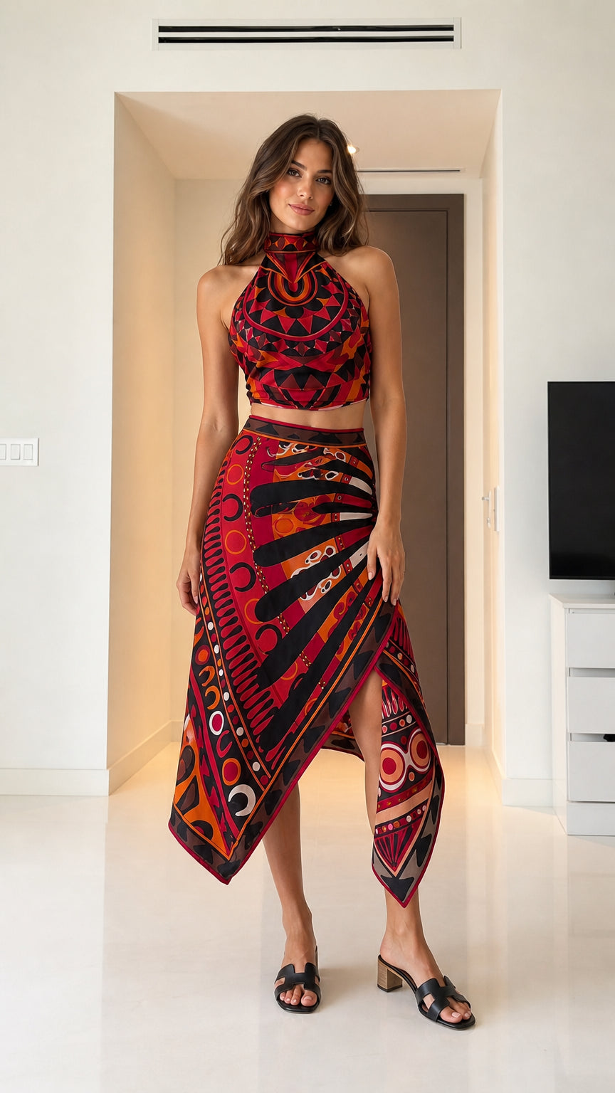 Woman wearing red geometric print halter crop top and asymmetric midi skirt set front view