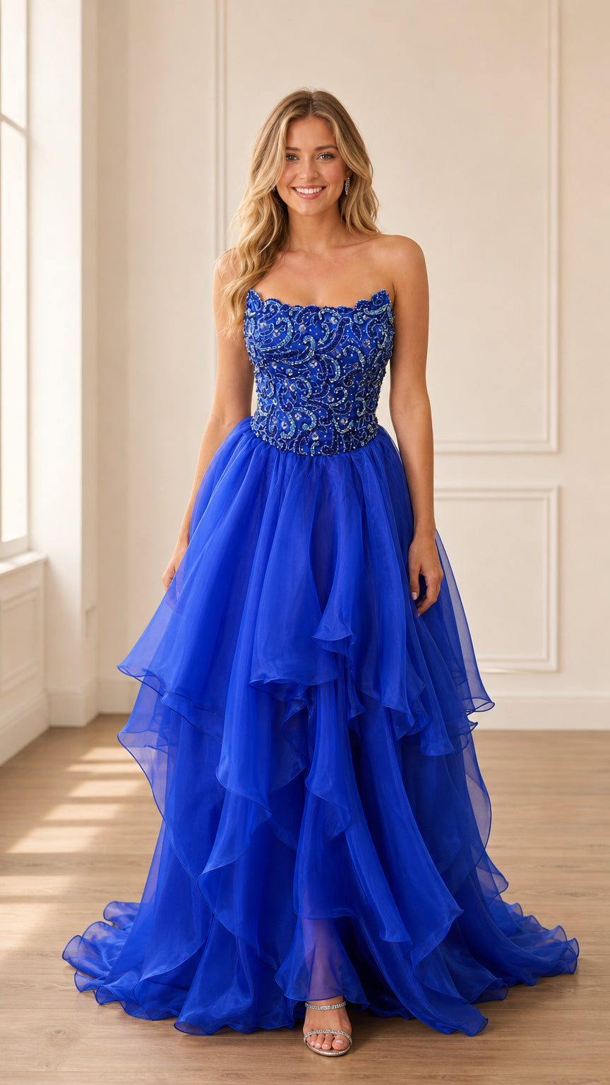 Front view of model wearing royal blue strapless beaded evening gown