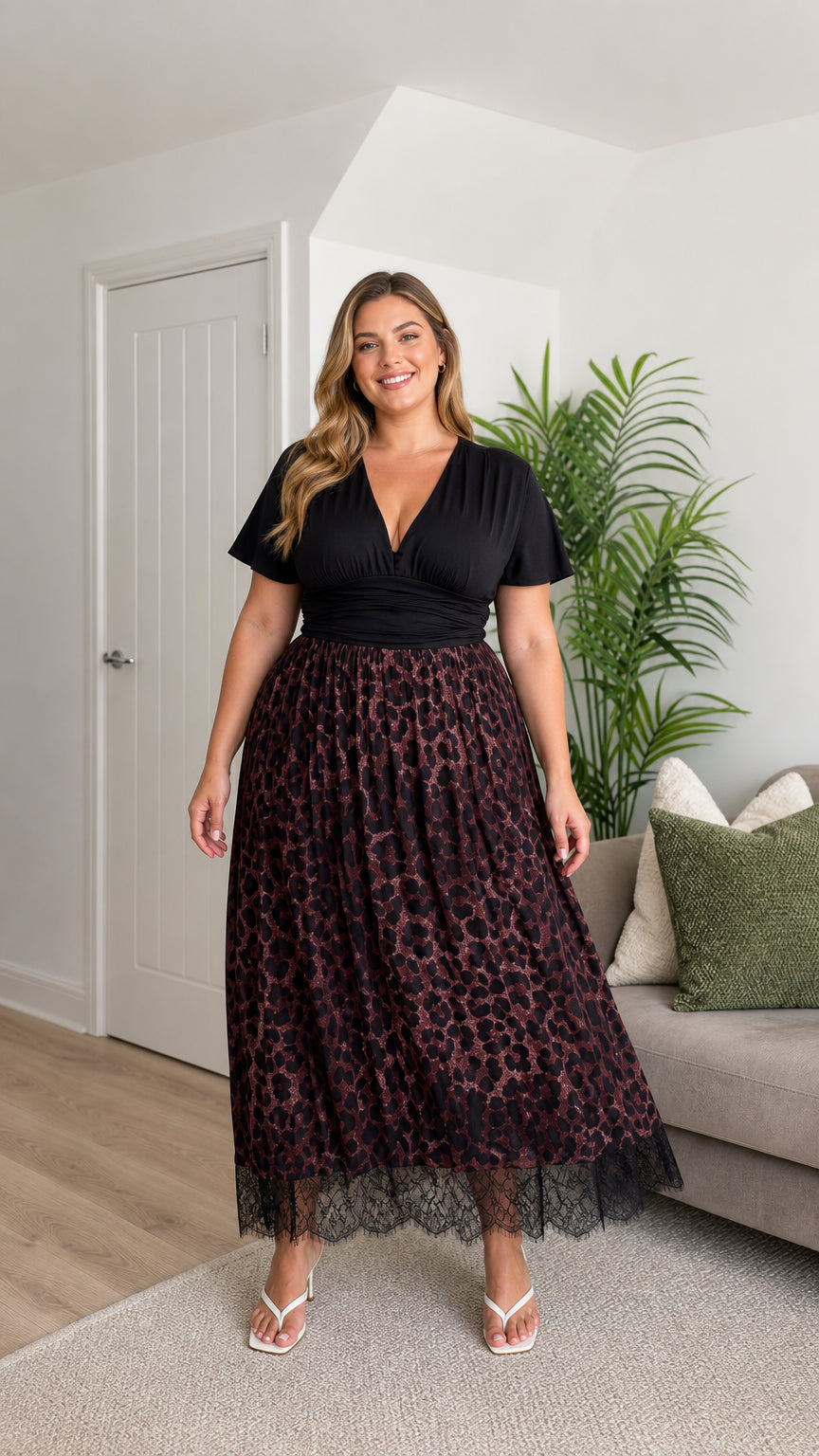 Front view of plus size burgundy leopard print pleated midi dress