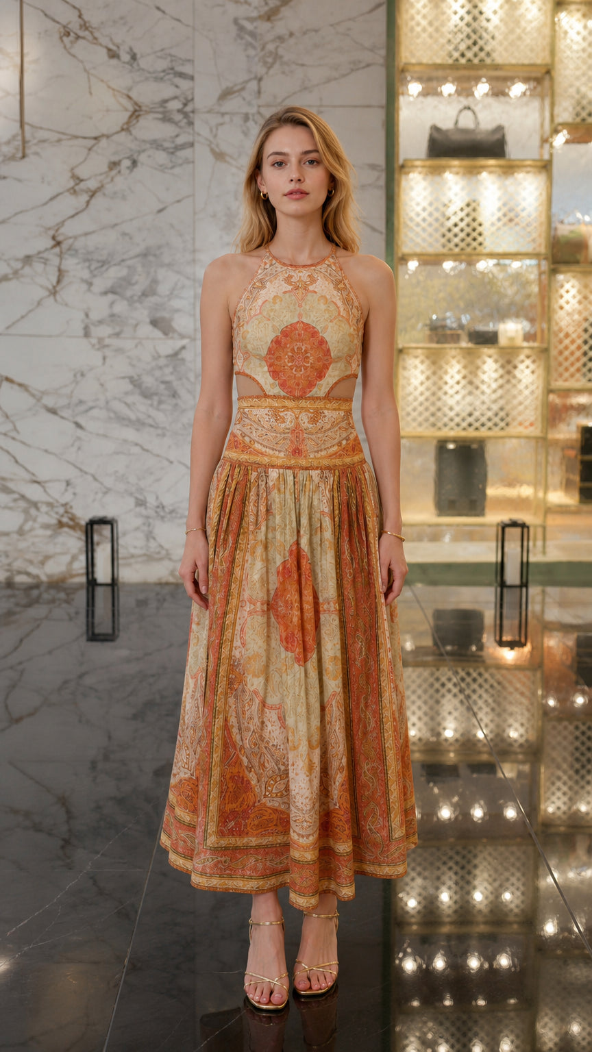 Front view of Yellow Multi paisley halter midi dress