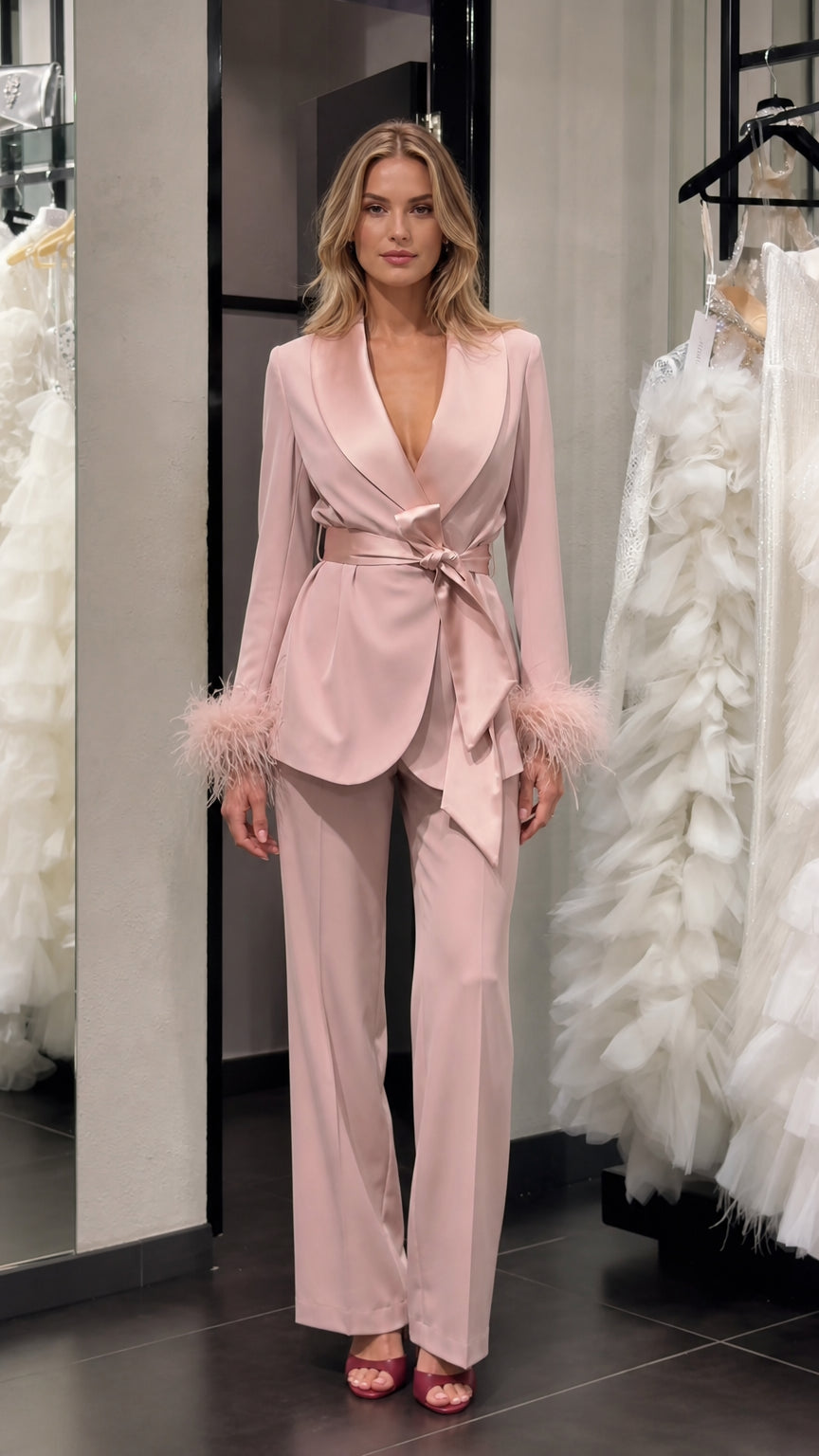 Model wearing pink satin feather cuff blazer and trousers set front view