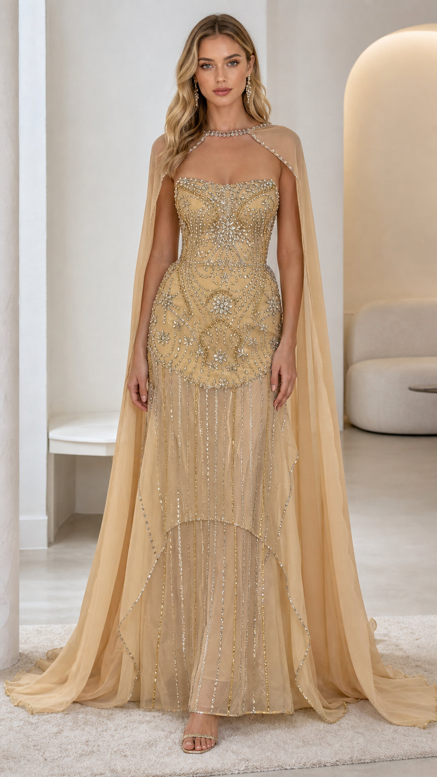 Front view of gold embellished evening gown with cape