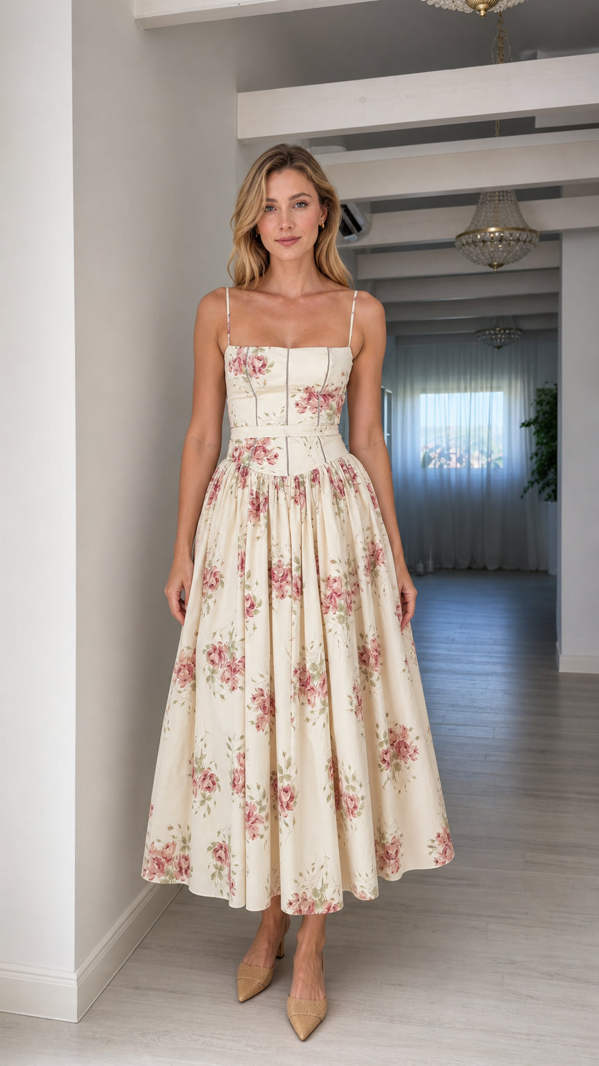 Front view of woman wearing cream floral midi dress