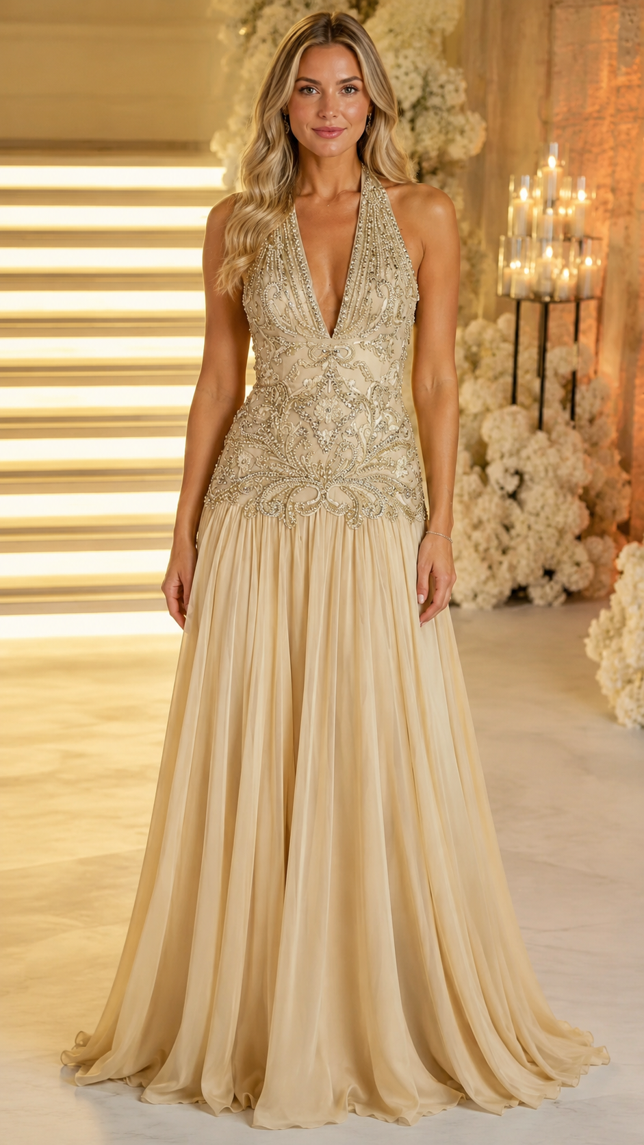 Front view of champagne beaded halter plunge evening gown with flowing floor-length skirt
