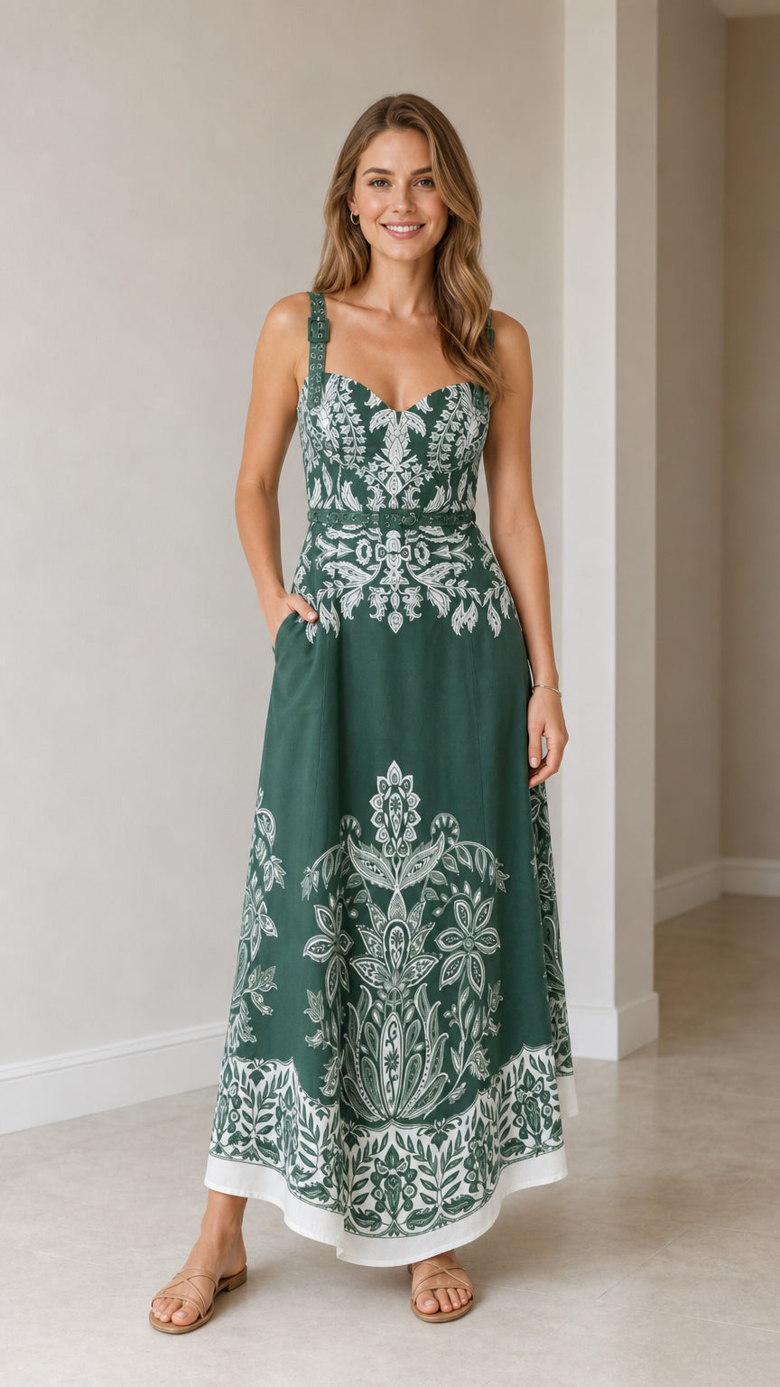 Model wearing green botanical print maxi dress from front
